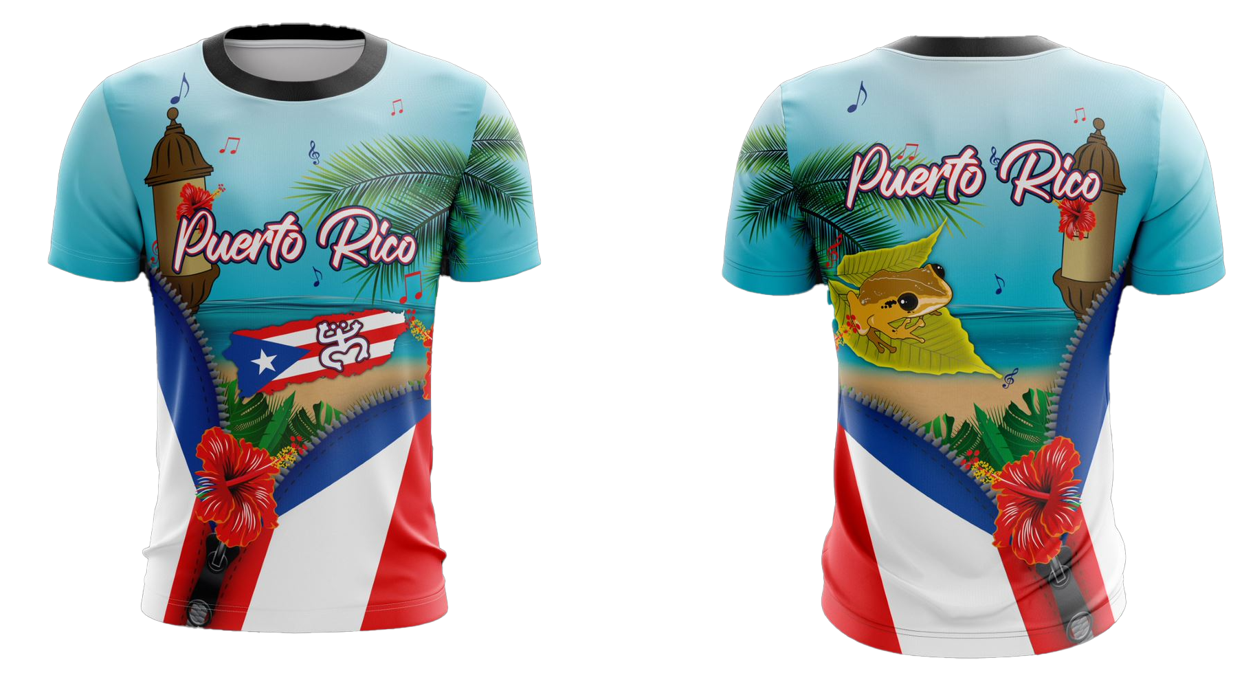 Vibrant Roberto Clemente Puerto Rico jersey with flag, profile, and action shot, featuring number 21 and coastal fortress, symbolizing pride, available 2025.