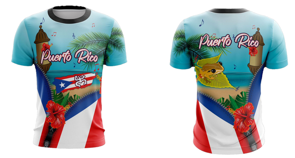 Vibrant Roberto Clemente Puerto Rico jersey with flag, profile, and action shot, featuring number 21 and coastal fortress, symbolizing pride, available 2025.
