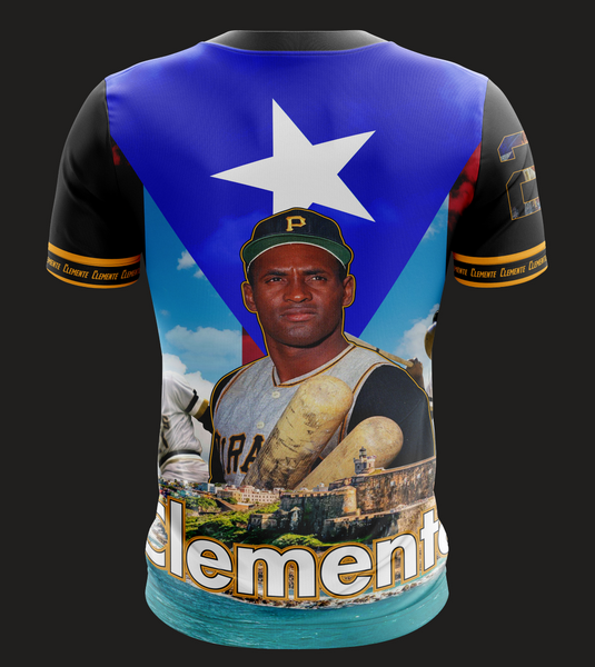 Vibrant Roberto Clemente Puerto Rico jersey with flag, profile, and action shot, featuring number 21 and coastal fortress, symbolizing pride, available 2025.