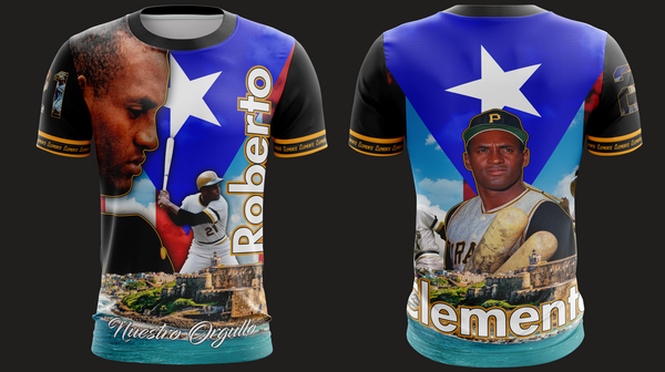 Vibrant Roberto Clemente Puerto Rico jersey with flag, profile, and action shot, featuring number 21 and coastal fortress, symbolizing pride, available 2025.