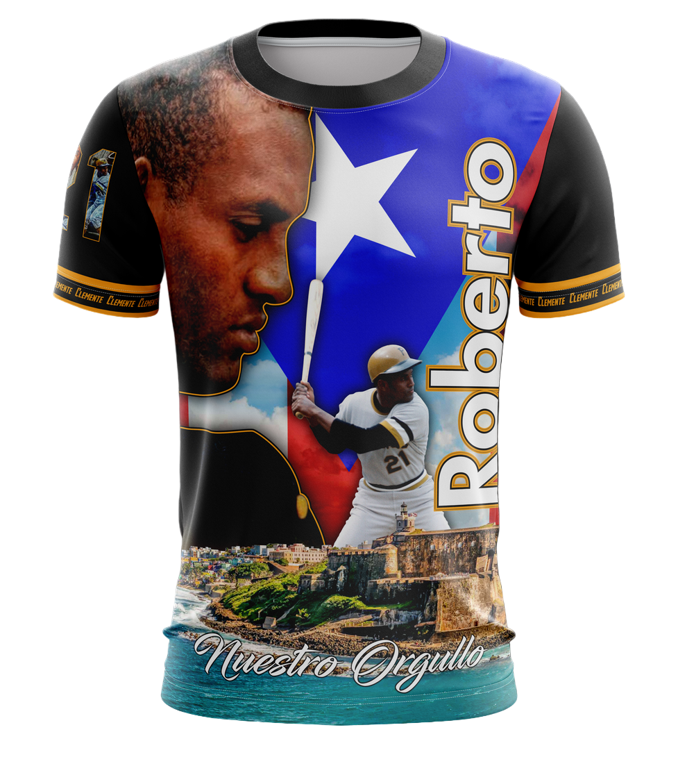 T-shirt with a baseball player, Puerto Rican flag, and text on a white background
