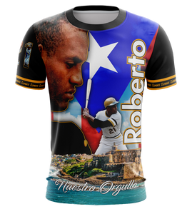 T-shirt with a baseball player, Puerto Rican flag, and text on a white background