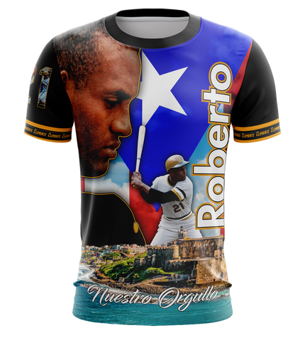 T-shirt with a baseball player, Puerto Rican flag, and text on a white background