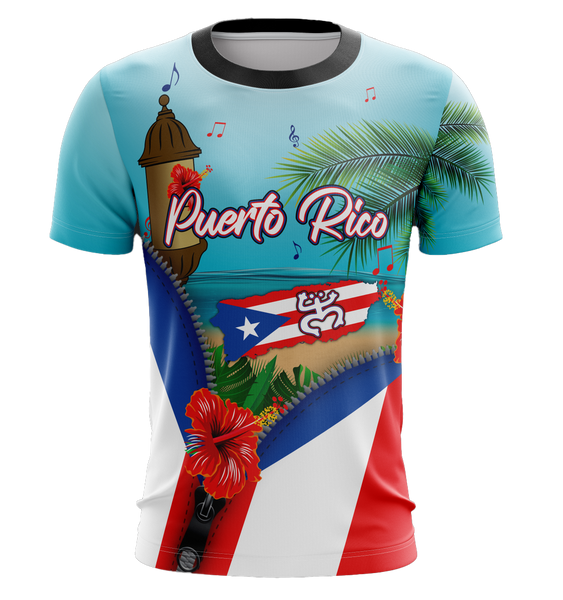 Vibrant Roberto Clemente Puerto Rico jersey with flag, profile, and action shot, featuring number 21 and coastal fortress, symbolizing pride, available 2025.