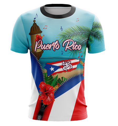 Vibrant Roberto Clemente Puerto Rico jersey with flag, profile, and action shot, featuring number 21 and coastal fortress, symbolizing pride, available 2025.