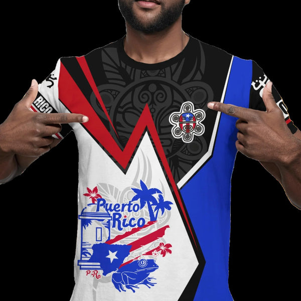 a black t-shirt with a design that includes the Puerto Rican flag and the text 'Puerto Rico'.
