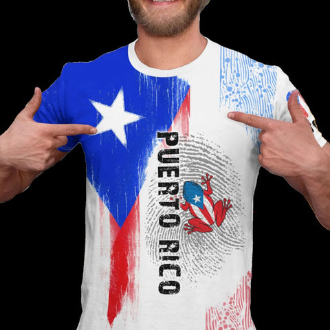 A person wearing a white t-shirt with a design that includes the Puerto Rican flag and the text 'Puerto Rico'.