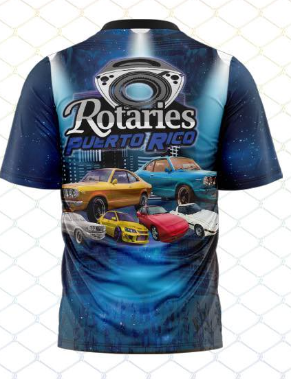 A striking blue Rotaries Puerto Rico t-shirt with a cosmic design, featuring a car engine emblem, colorful classic cars, and a cityscape, ideal for car enthusiasts.