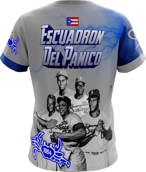 Vintage Santurce Crabbers baseball team shirt featuring the 1954 Escuadron Del Panico players, with a Puerto Rican flag and crab logo, ideal for baseball fans and collectors.