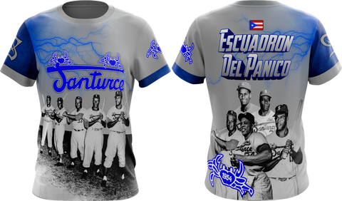 A short-sleeved baseball jersey featuring a graphic design with a group of men, with a predominantly gray color and blue accents.
