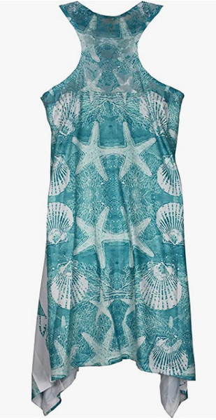 A vibrant blue sleeveless dress with white starfish and seashell patterns, featuring an asymmetrical hem, ideal for a chic beach-inspired summer look.