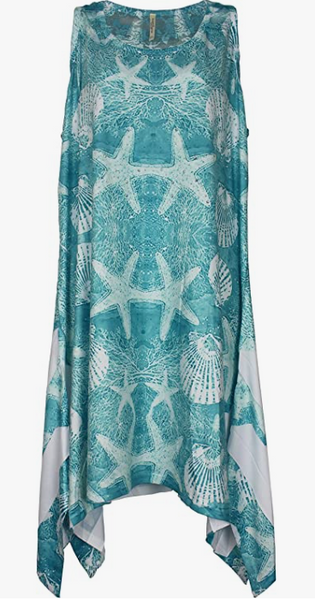 A vibrant teal sleeveless dress with white starfish and seashell patterns, featuring an asymmetrical hem, ideal for a chic beach-inspired summer look.