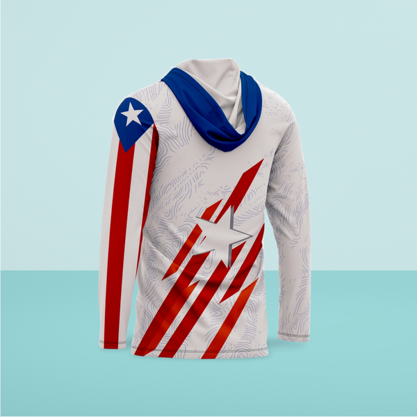 Patriotic USA flag hooded sweatshirt in gray with topographic wave pattern, red stripes, and blue stars, ideal for outdoor enthusiasts and American pride apparel collectors.
