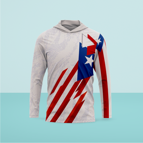 A white hoodie with geometric patterns and a design featuring the colors red, blue, and white, likely representing a flag.