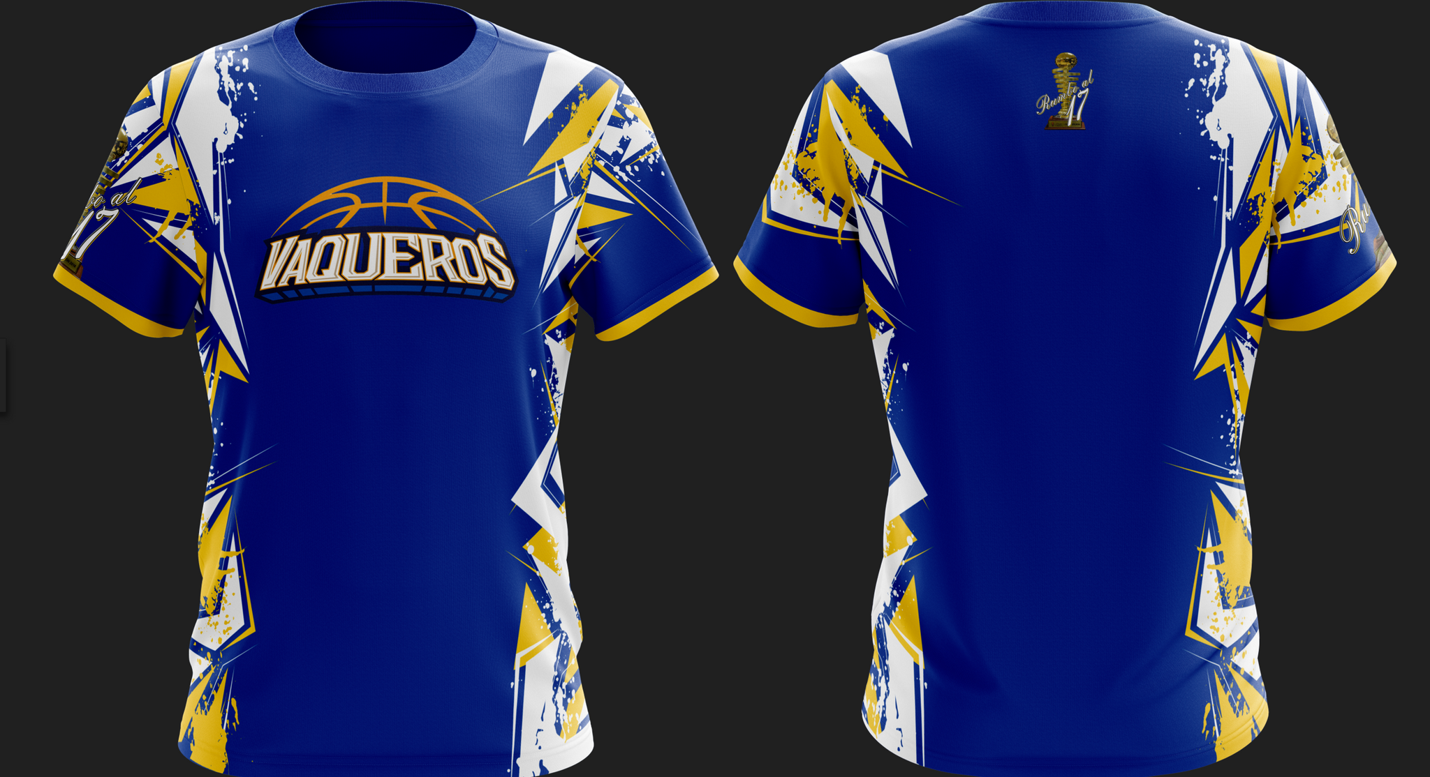 A dynamic blue Vaqueros basketball jersey with yellow and white accents, featuring the team name, basketball graphic, and a championship trophy on the back, ideal for fans.