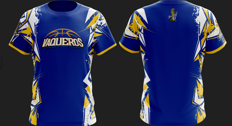A dynamic blue Vaqueros basketball jersey with yellow and white accents, featuring the team name, basketball graphic, and a championship trophy on the back, ideal for fans.