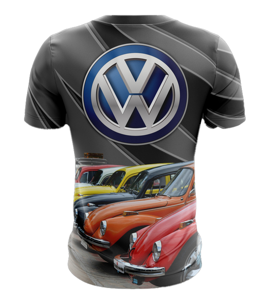 A trendy t-shirt featuring the Volkswagen logo and classic Beetle cars in red, blue, and yellow, perfect for car enthusiasts and vintage style lovers.