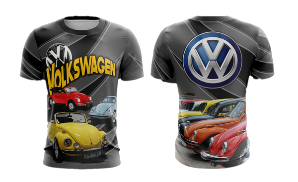 A trendy t-shirt featuring the Volkswagen logo and classic Beetle cars in red, blue, and yellow, perfect for car enthusiasts and vintage style lovers.