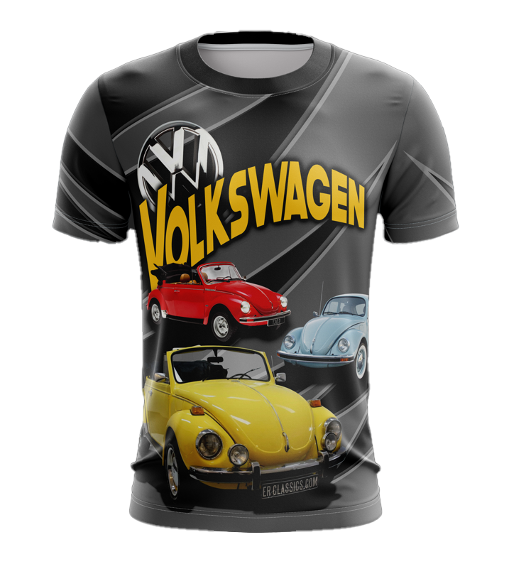 A short-sleeved men's t-shirt with a graphic print of the Volkswagen logo and images of classic Volkswagen beetles in red, yellow, and blue.