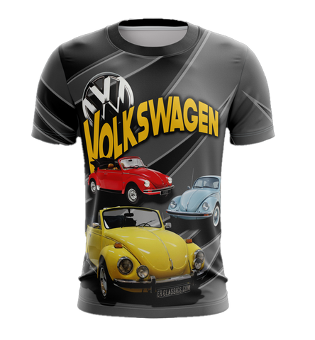 A short-sleeved men's t-shirt with a graphic print of the Volkswagen logo and images of classic Volkswagen beetles in red, yellow, and blue.