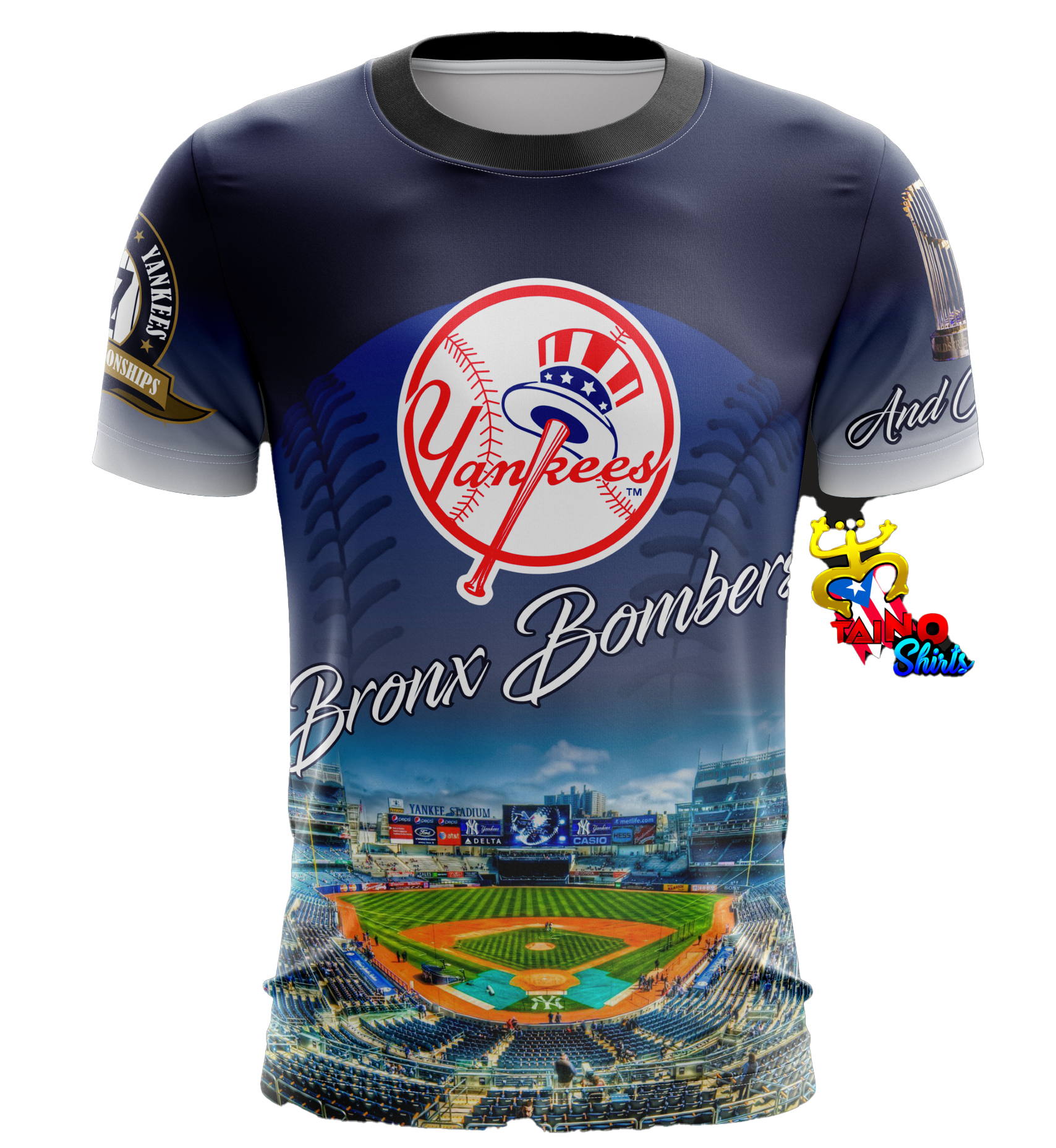 A short-sleeved New York Yankees Bronx Bombers t-shirt featuring the team's logo and colors, with a depiction of a baseball stadium on the front.