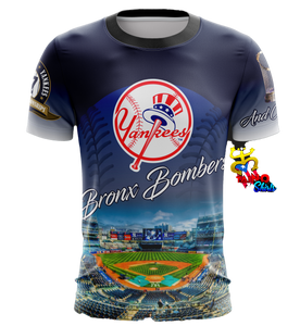A short-sleeved New York Yankees Bronx Bombers t-shirt featuring the team's logo and colors, with a depiction of a baseball stadium on the front.