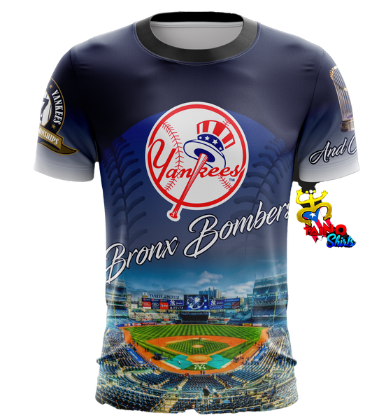 A short-sleeved New York Yankees Bronx Bombers t-shirt featuring the team's logo and colors, with a depiction of a baseball stadium on the front.