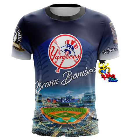 A short-sleeved New York Yankees Bronx Bombers t-shirt featuring the team's logo and colors, with a depiction of a baseball stadium on the front.