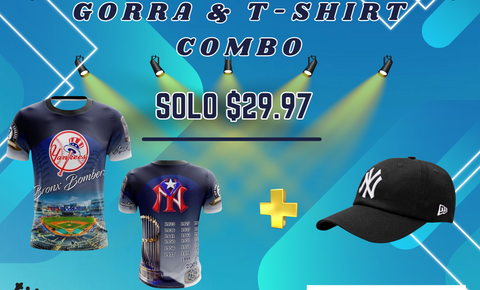 An advertisement for a Yankees themed t-shirt and hat bundle, featuring a navy t-shirt with bold yellow and white print and a black hat with the NY Yankees logo.