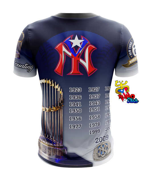 Stylish navy New York Yankees t-shirt with the Bronx Bombers logo, Yankee Stadium graphic, championship patches, and a Taino emblem, perfect for fans in 2025.