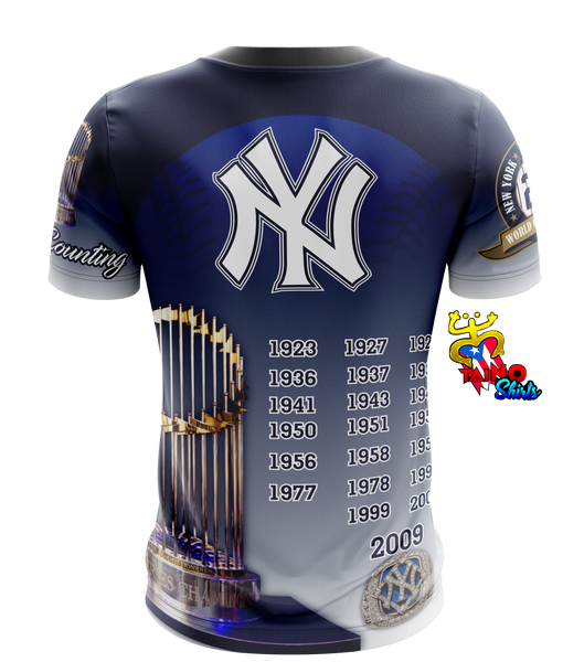 Stylish navy New York Yankees t-shirt with the Bronx Bombers logo, Yankee Stadium graphic, championship patches, and a Taino emblem, perfect for fans in 2025.