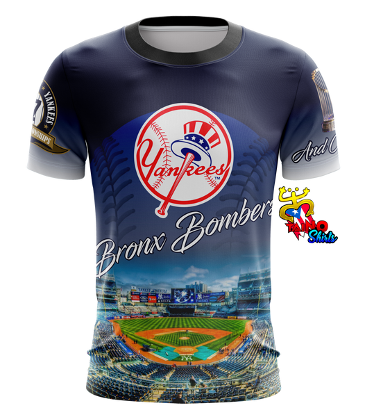 Stylish navy New York Yankees t-shirt with the Bronx Bombers logo, Yankee Stadium graphic, championship patches, and a Taino emblem, perfect for fans in 2025.