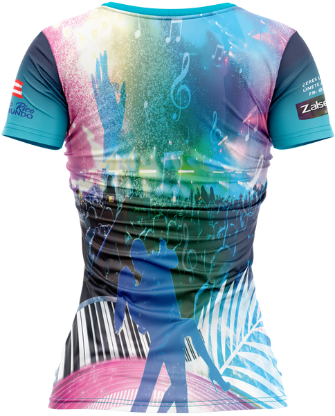 Vibrant "Zalsersos Felices de Puerto Rico Para El Mundo" women's jersey in blue with a musical theme, featuring a microphone, trumpet, drums, piano, and Puerto Rican flag, ideal for music and culture enthusiasts.