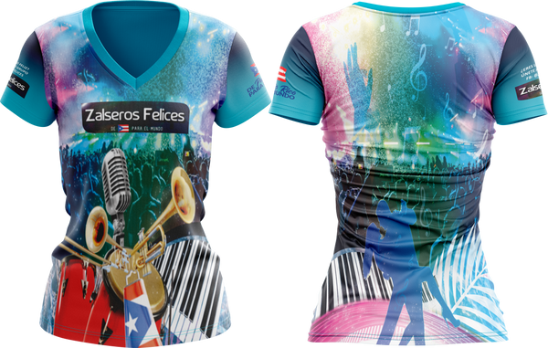 Vibrant "Zalsersos Felices de Puerto Rico Para El Mundo" women's jersey in blue with a musical theme, featuring a microphone, trumpet, drums, piano, and Puerto Rican flag, ideal for music and culture enthusiasts.