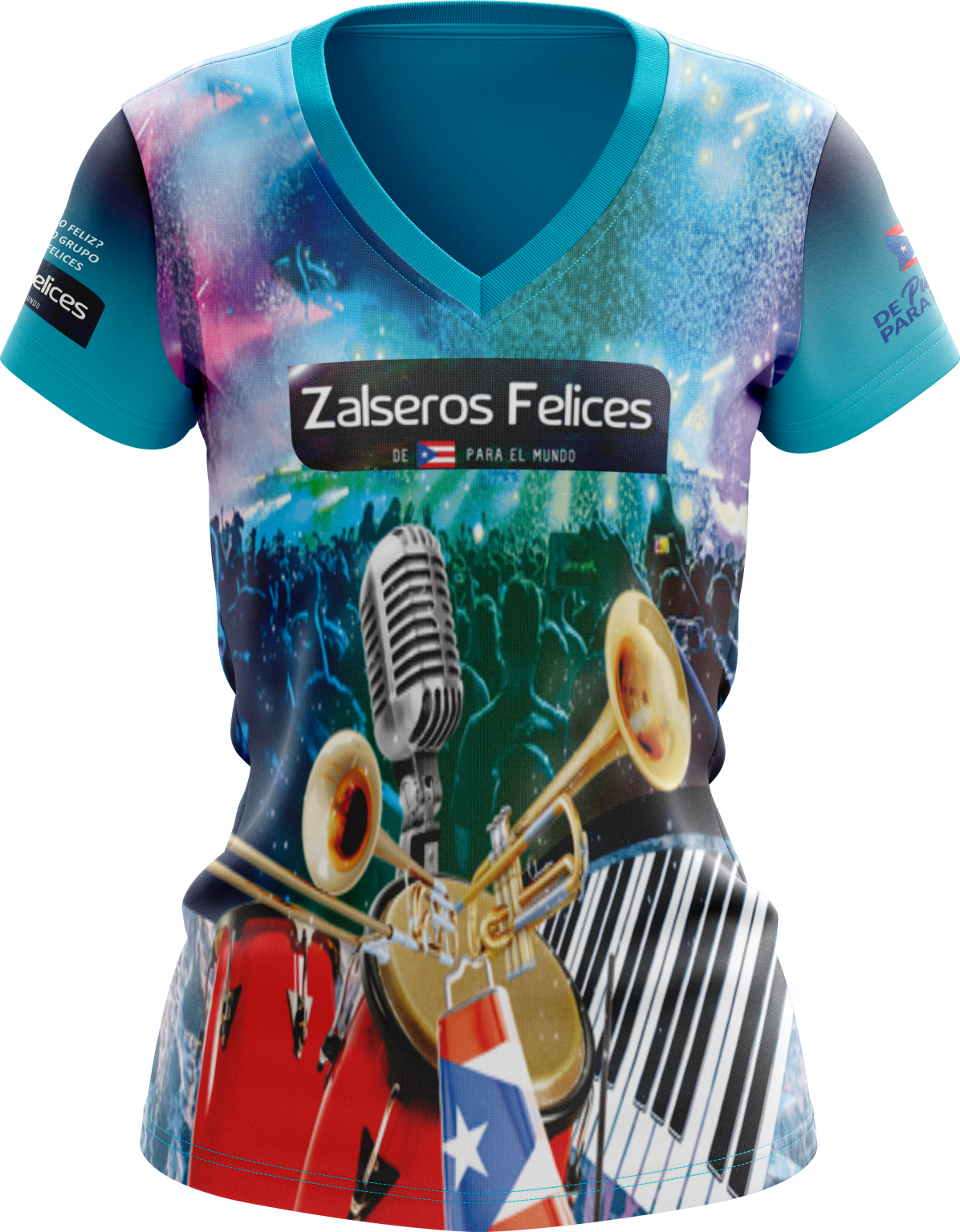 A colorful tank top with musical theme, featuring a microphone and musical notes, labeled as 'Zalseros Felices' edition.