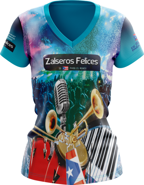 A colorful tank top with musical theme, featuring a microphone and musical notes, labeled as 'Zalseros Felices' edition.