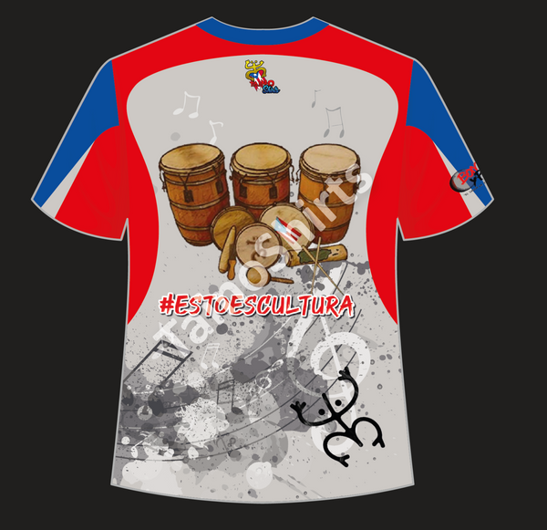 A vibrant t-shirt celebrating Puerto Rican Bomba y Plena with dancers, drums, and the Puerto Rican flag, featuring '#estosescultura' on the back. Designed for cultural enthusiasts and collectors.