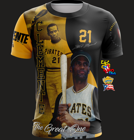 A striking t-shirt tribute to Roberto Clemente, dubbed 'The Great One,' featuring the Pittsburgh Pirates jersey with number 21, his signature, and the Puerto Rican flag. Designed by Taino Shirts, perfect for baseball enthusiasts and collectors.