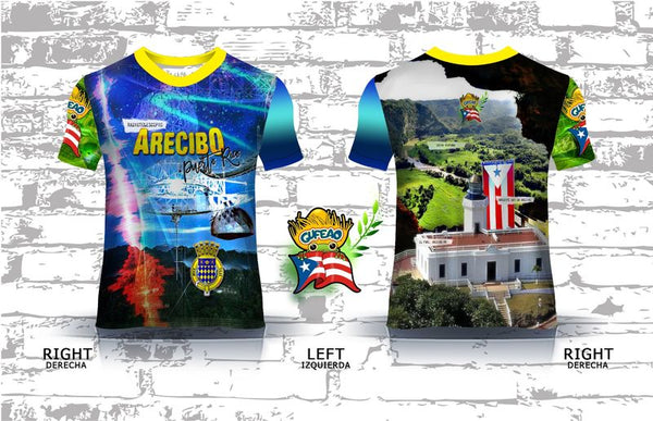A colorful t-shirt celebrating Arecibo, Puerto Rico, with front and back designs. The front features "ARECIBO Puerto Rico" with a vibrant depiction of the Arecibo Observatory, a Puerto Rican flag emblem, and lush landscapes. The back showcases a historic building with the Puerto Rican flag and green hills, perfect for showcasing Arecibo pride and Puerto Rican heritage.