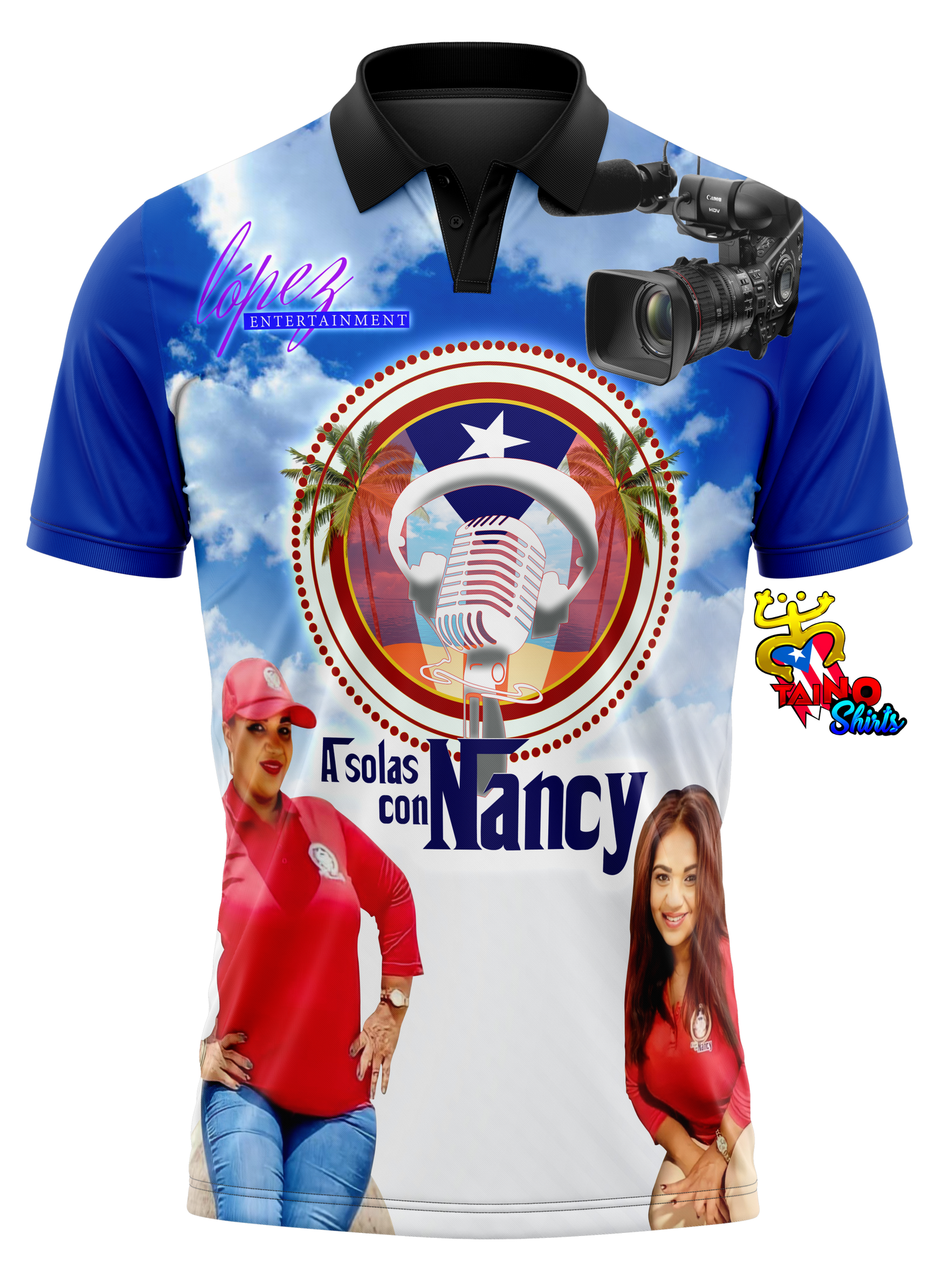 A polo shirt with a design featuring a female voiceover artist, with a background of palm trees and a camera graphic, indicating a connection to media or broadcasting events.