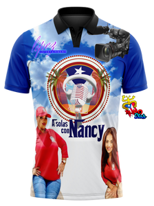 A polo shirt with a design featuring a female voiceover artist, with a background of palm trees and a camera graphic, indicating a connection to media or broadcasting events.