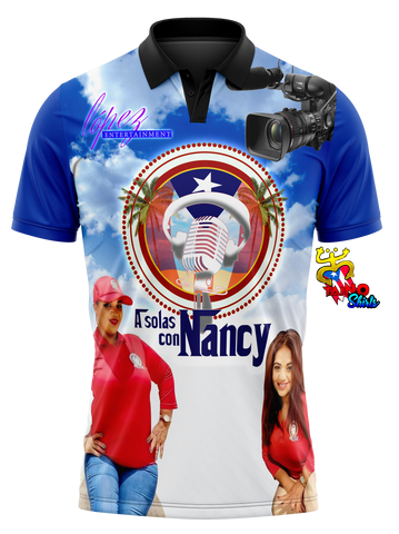 A polo shirt with a design featuring a female voiceover artist, with a background of palm trees and a camera graphic, indicating a connection to media or broadcasting events.
