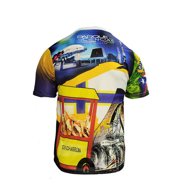 A vibrant t-shirt celebrating Bayamón, Puerto Rico, with front and back designs. The front features "Ciudad Bayamón" with images of basketball players, a cityscape, and the "Gigantes de Carolina" logo, complemented by a Gufeao emblem with the Puerto Rican flag. The back showcases a chicharrón food cart, a Ferris wheel, and the "Parque de las Ciencias" with a colorful sky, ideal for showcasing Bayamón pride and Puerto Rican culture.