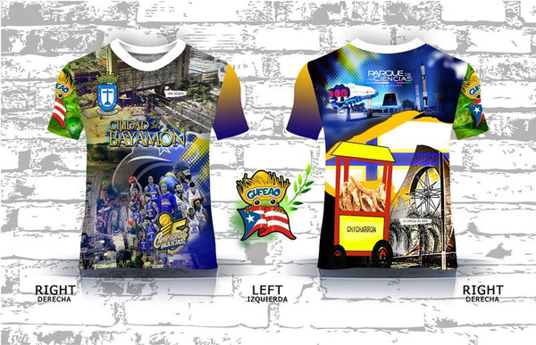 A vibrant t-shirt celebrating Bayamón, Puerto Rico, with front and back designs. The front features "Ciudad Bayamón" with images of basketball players, a cityscape, and the "Gigantes de Carolina" logo, complemented by a Gufeao emblem with the Puerto Rican flag. The back showcases a chicharrón food cart, a Ferris wheel, and the "Parque de las Ciencias" with a colorful sky, ideal for showcasing Bayamón pride and Puerto Rican culture.