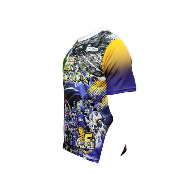 A vibrant t-shirt celebrating Bayamón, Puerto Rico, with front and back designs. The front features "Ciudad Bayamón" with images of basketball players, a cityscape, and the "Gigantes de Carolina" logo, complemented by a Gufeao emblem with the Puerto Rican flag. The back showcases a chicharrón food cart, a Ferris wheel, and the "Parque de las Ciencias" with a colorful sky, ideal for showcasing Bayamón pride and Puerto Rican culture.