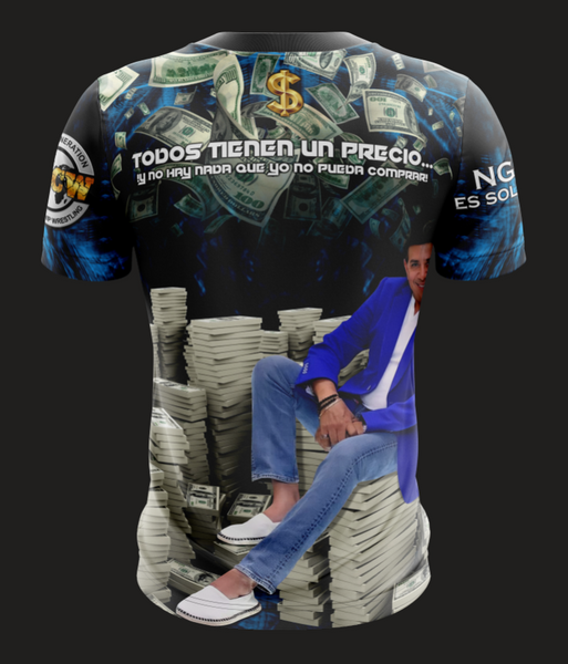 Big Boss wrestling t-shirt featuring a charismatic figure in a white suit holding a microphone, designed with a vibrant blue background and scattered dollar bills, along with "Big Boss" text and "CW MIA" logo, ideal for wrestling fans in 2025.