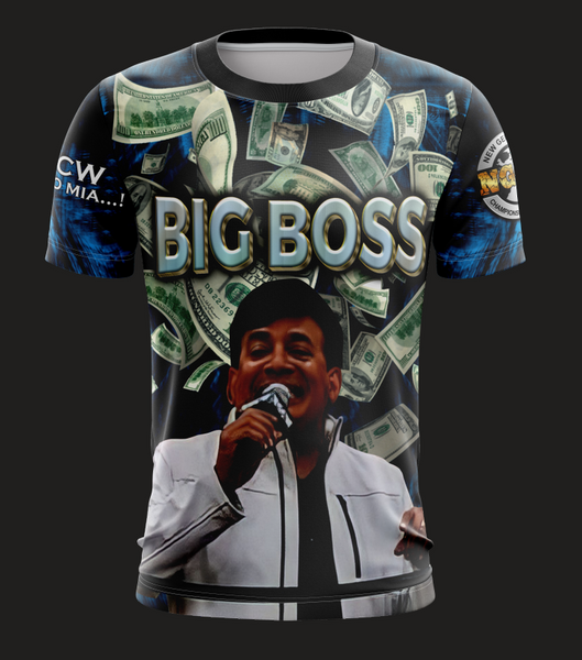 Official 'Big Boss' t-shirt by Taino Shirts featuring a graphic of a man with a microphone on the front, surrounded by a colorful background with money graphics.