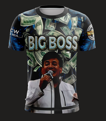 Official 'Big Boss' t-shirt by Taino Shirts featuring a graphic of a man with a microphone on the front, surrounded by a colorful background with money graphics.