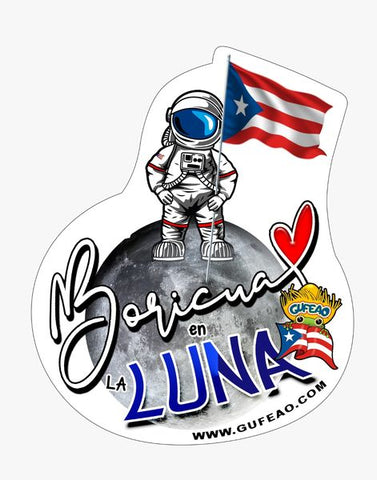 Playful illustration of an astronaut planting the Puerto Rican flag on the moon, with the text "Boricua en La Luna" in stylish script, featuring a heart and the Gufeao mascot, celebrating Puerto Rican pride in space. Visit www.gufeao.com for more.