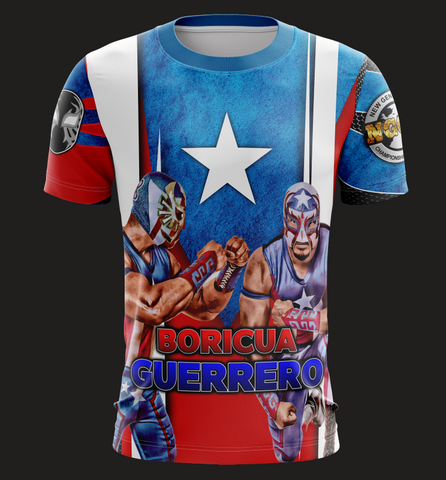 A short-sleeved red and blue wrestling t-shirt with graphics of two wrestlers and the text 'Boricua Guerrero'.